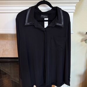 Lane Bryant Black Button-Down Shirt with Faux Leather Collar sz 22/24